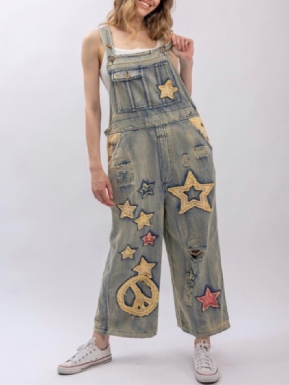 Blue Velvet Star and Peace Patchwork Denim Bib Overalls  ⭐☮️✌🏼